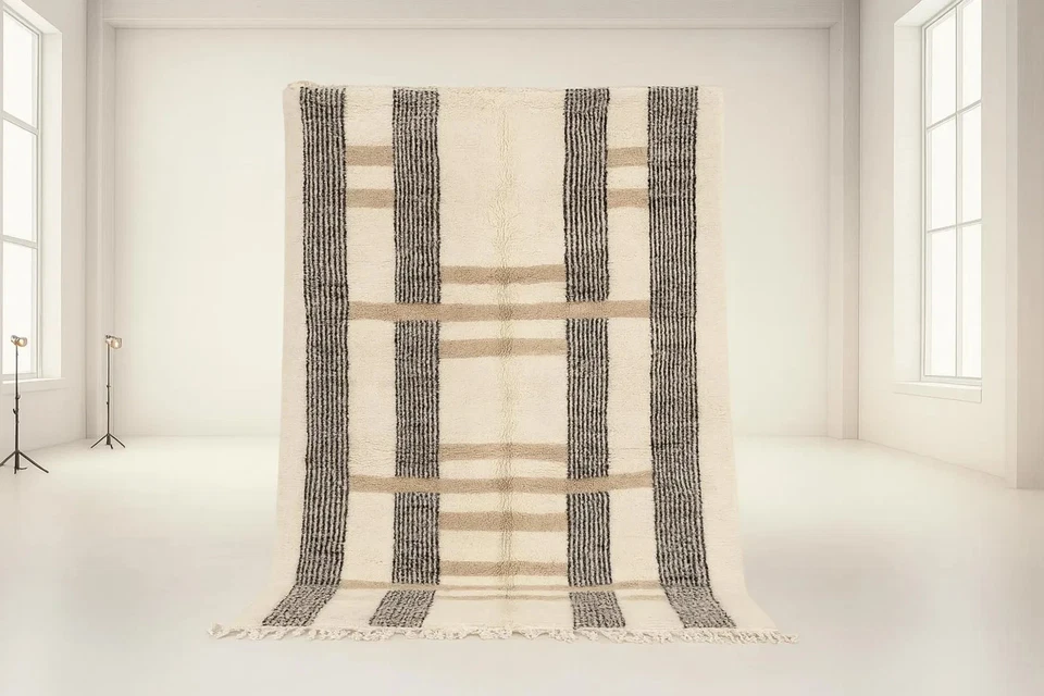 Handmade Striped Moroccan Rug: Cream Beige & Black Wool, Custom Size 12x15 - Image 1 of 4