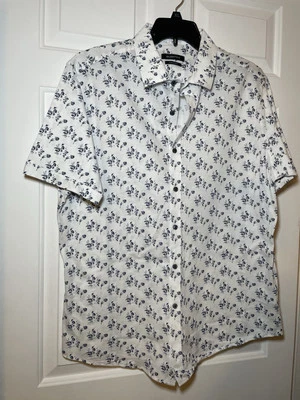 Bugatchi Mens Short Sleeve Button Down White Blue Flowers Sz XL Cotton Stretch - Image 1 of 4