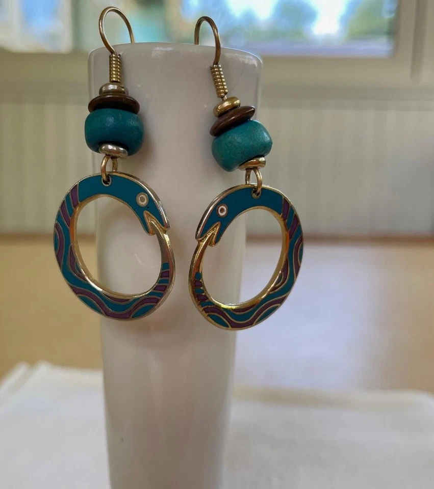 Vtg Laurel Burch Earrings~Ouroboros Serpent~Gold Tone+Enamel Cloisonne+Beads~SEE - Image 1 of 1