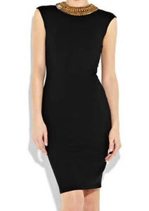 ALEXANDER MCQUEEN Stretch-Kleid schwarz mit Schmucksteinen goldfarbener Ausschnitt 42 6 Small S NEU - Bild 1 von 11