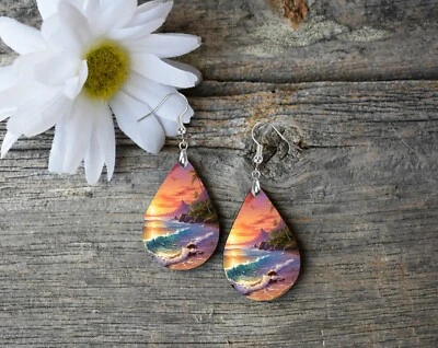 Pendientes Coastal Sunset Hechos a Mano Madera Lágrima Gota Cuelga Joyería Estampada Foto 1 de 4