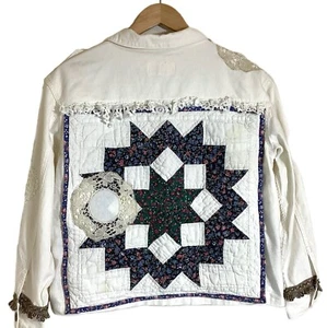 Upcycling Leinen Baumwolle Damen Jacke Gr. M Boho OOAK Shabby Chic Patches gesteppt - Bild 1 von 18