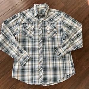 Vtg Wrangler Wrancher Cowboy Shirt Pearl Snap Plaid Blue Large 47” Chest - Picture 1 of 8