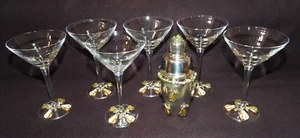 Ancien shaker à martini et ensemble de six verres en cristal avec thème art émail poire - Photo 1/16