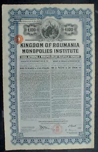 Königreich Rumänien 7% 100 £ Monopole Inst. Bond to Bearer 1929 unwiderruflich. Gutscheine - Bild 1 von 7
