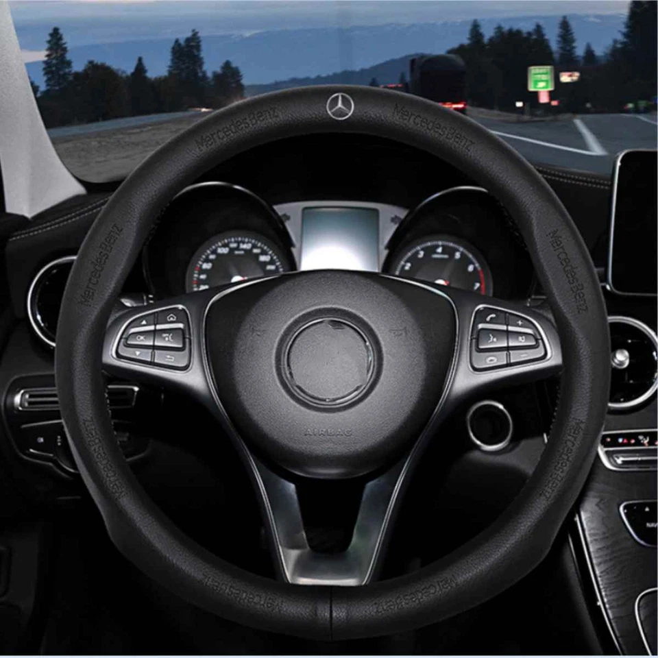Black 38cm/15inch Pinhole Steering Wheel Cover For Mercedes-Benz Genuine Leather Foto 1 de 4