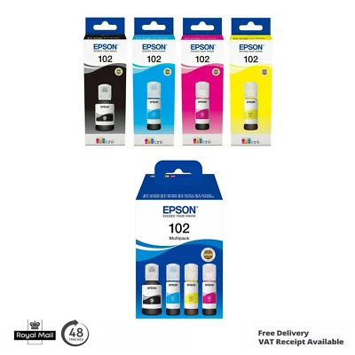 Original Epson 102 CMYK Ink Bottles for EcoTank ET-2850 ET-2851 ET-2856 Lot - Image 1 of 2