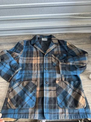 Merrill Woolen Mills Men’s Vintage 1940’s Blue Shadow Plaid Wool Coat Medium - Image 1 of 4