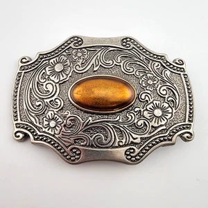 Western Scroll Flower Silver Tone Amber Color Cabochon Oval Vintage Belt Buckle - Picture 1 of 3