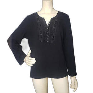 Karen Scott Bluse Damen Large Schwarz Langarm Rüschen Knopf Pullover Oberteil - Bild 1 von 5