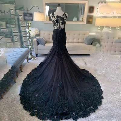 Vestidos de novia negros de Halloween vestido de novia de sirena sin mangas Foto 1 de 4