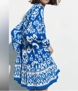 ZARA blaues Print Minikleid Knopf Oversize Rüschen Schößchen Biesen Damen Large - Bild 1 von 12