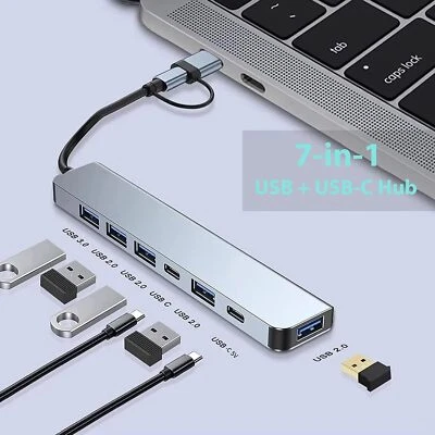 Multiport Adapter USB Hub 3.0-7 in 1 USB C Hub 2x USBC Data Ports USB3.0 Docking - Image 1 of 4