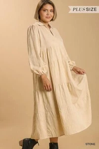 Umgee Plus Cotton Stone Textured Long Sleeve Collar Split Neck Tiered Maxi Dress - Picture 1 of 3