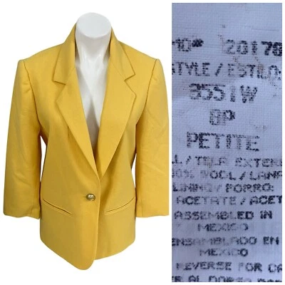 Savannah Blazer Womens 8P Jacket Yellow Wool VTG Career Professional Work Office - Image 1 of 4