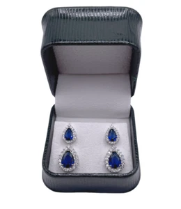 White gold finish blue sapphire pear cut and created diamond droplet earrings - Picture 1 of 4