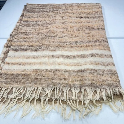 avoca handwoven throw blanket wool 50x60 fringe ireland beige stripes neutral - Image 1 of 4
