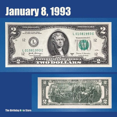January 8, 1993 Birthday Anniversary $2 Two Dollar Bill Serial Number 01081993 - Image 1 of 2
