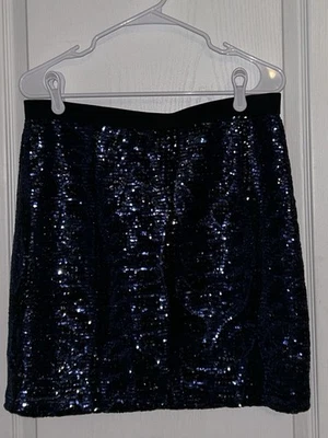 Mini Falda Lápiz Tory Burch Vacaciones Lentejuelas Azul Negro Otoño Hoja Patrón Talla L Foto 1 de 4