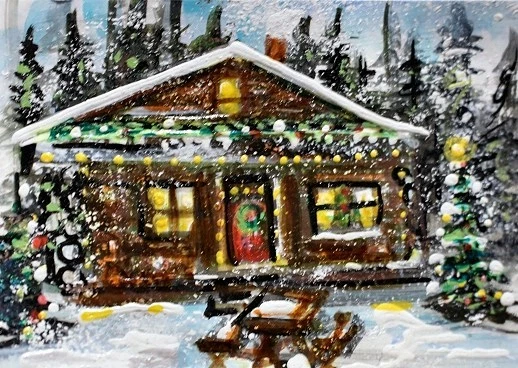 ACEO Original Invierno CASA DE NAVIDAD Cabaña Árboles PINTURA Nieve Vacaciones Paisaje ARTE Foto 1 de 1