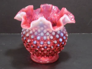 Fenton Cranberry Opalescent Glass Hobnail Double Crimped Rim Vase 4.5'' H 5" W - Picture 1 of 7