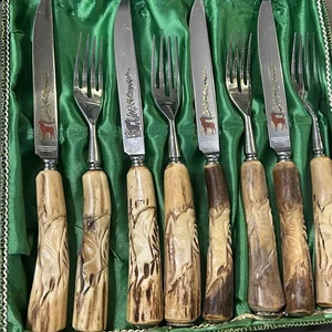 VTG Anton Wingen Flatware Set Germany Carved Stag Antler 8pc Knife Fork - Picture 1 of 12