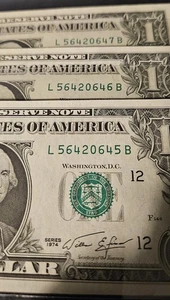 3- Circulated  One Dollar Bills With Sequential Serial Numbers 1974 Series - Picture 1 of 8