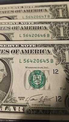 3- Circulated  One Dollar Bills With Sequential Serial Numbers 1974 Series - Image 1 of 4
