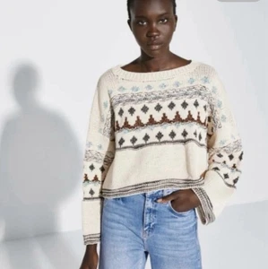 ZARA Jacquard Grobstrick Metallic Cropped Pullover Oversized Boxy Fit Creme Sm. - Bild 1 von 15