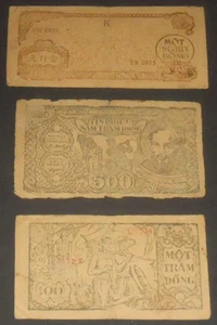 Vietnam 3 early (Viet Minh?) banknotes 100d, 500d, 1000d - Imagen 1 de 2