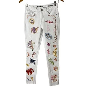 Jeans skinny donna Rocks & Indigo ricamato 2/25 bianco orlo grezzo denim elasticizzato - Foto 1 di 9