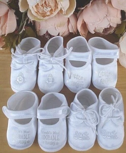 Baby Shoes White Satin Soft Pram Embroidered Printed Boy Girl Christening 0 3m - Picture 1 of 16