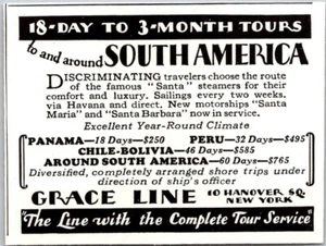 Anuncio impreso 1929 Grace Line To and Around South America PEQUEÑO 2,5 x 3 - Imagen 1 de 3