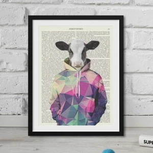 Hipster Kuh gedruckt auf Vintage Wörterbuch Buch Liebhaber Geschenke Tier Kunstwerk - Bild 1 von 3