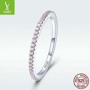 Simple Style 925 Sterling Silver Finger Ring Pink CZ Women Wedding Jewelry