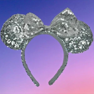 Minnie Mouse Ears Headband Silver Sequin Bow and Ears Handmade - Picture 1 of 13