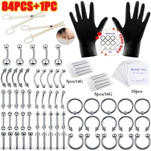 84Pcs Ear Lip Tongue Nose Navel Rings Studs Professional Body Piercing Tool Kit - Picture 1 of 7