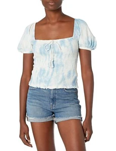 $70 Lucky Brand Womens Short Sleeve Square Neck Printed Smocked Top Blue Small - Picture 1 of 2