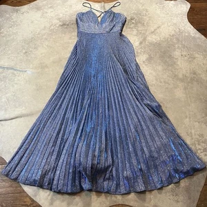 Mac Duggal Dress Womens Size 8 Blue Shimmer Pleated V Neck Gown Evening - Picture 1 of 8
