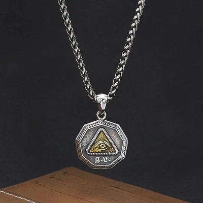 Dios del Sol reversible y ojo que todo lo ve, plata de ley S925, amuleto pesado para hombre Foto 1 de 4
