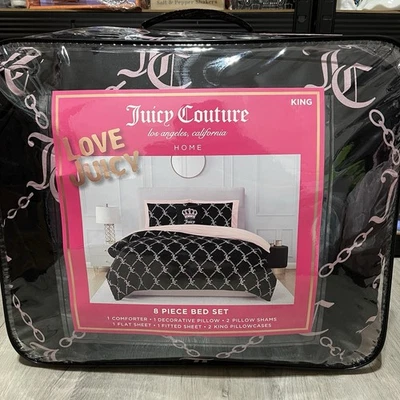 Juicy Couture Black/Pink JC Monogram 8pc KING Set Comforter, Shams,Sheets,Pillow - Image 1 of 4