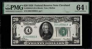 1928 $20 Federal Reserve Note Cleveland FR.2050-D - PMG 64 EPQ - Numerical #4 - Picture 1 of 2