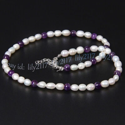 Collar de perlas de arroz de agua dulce blancas naturales de 7-8 mm de 8 mm con cuentas de piedras preciosas redondas de 18"" Foto 1 de 4