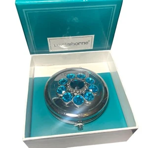 Liz Claiborne Compact Mirror Blue Rhinestone Silver Tone Double Mirrors in Box - Picture 1 of 15