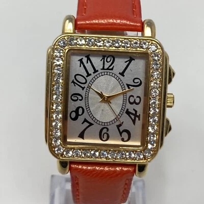 Chico's Watch Women 33mm Gold Tone Pave Bling Coral Orange Leather New Battery - Image 1 of 4