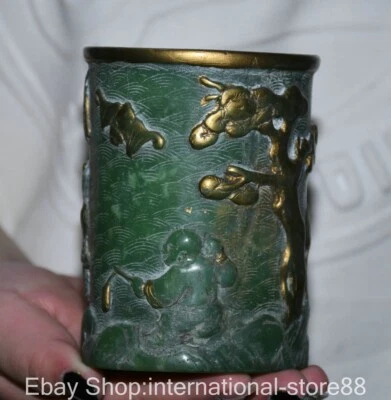 Jarrón lápiz maceta pincel paisaje árbol Tongzi antojo jade verde chino antiguo de 4,2" Foto 1 de 4