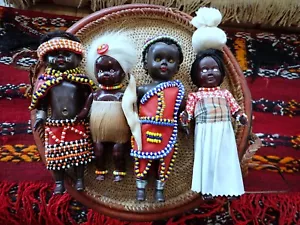 Masai Kenya Doll Plastic Costume Beaded Vintage Mid 20th Century x 4 - Picture 1 of 12