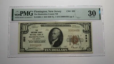 $10 1929 Flemington New Jersey NJ National Currency Bank Note Bill Ch. #892 VF30 - Image 1 of 4