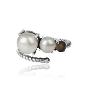 Double Pearl & Smoky Twisted Designer Oxidized Gemstone Engagement Ring For Gift - Picture 1 of 6