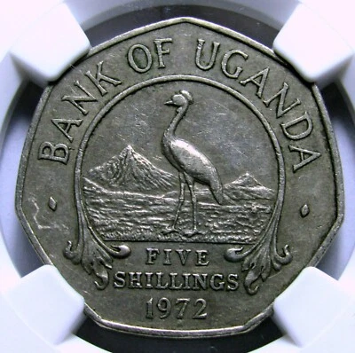 Uganda 5 Shillings coin 1972 km#18 NGC XF 45 Crowned crane Rare! - Image 1 of 4